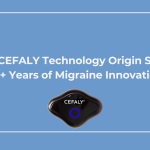 A glossy black CEFALY migraine device on a blue background